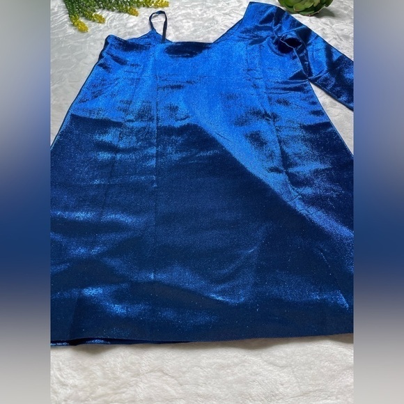 American Retro Mila Metallic Silk One Shoulder Long Sleeve Mini Dress in Blue - Picture 10 of 15